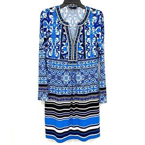 Hale Bob Dress Blue Printed Embellished V Neck Long Sleeve